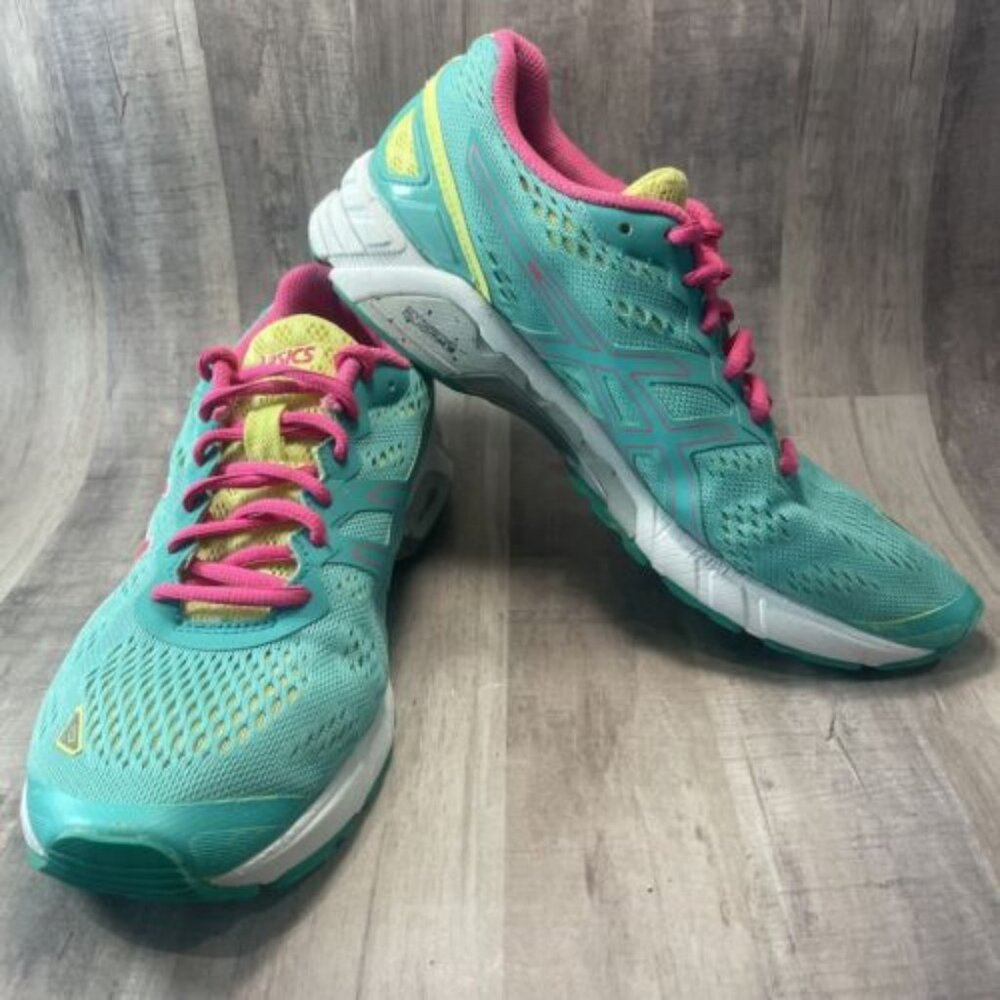ASICS Women's Sz 8 GEL-DS Trainer 19 Running Shoes T455N Emerald Pink Lime